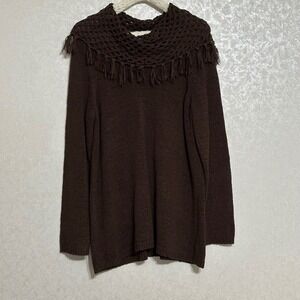 Multiples 1X Brown Knit Long Sleeve Sweater Cowl Neck Crochet Collar Fringe Trim